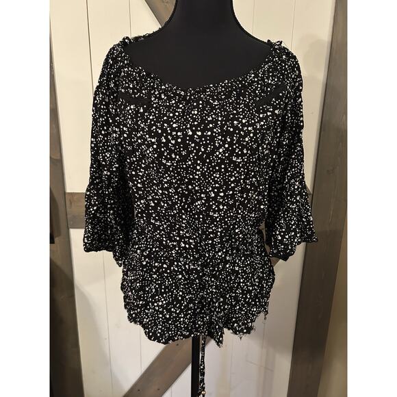 Angie Black White Blouse Large Drawstring Waist Raw Hem Off Shoulder - Picture 1 of 7